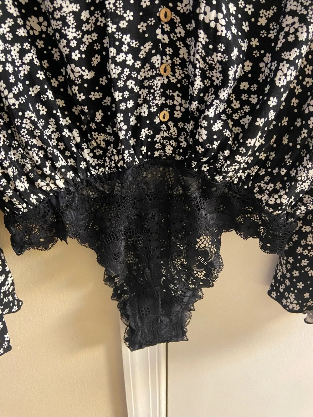 Free People Intimately Black White Ditzy Floral Ruffle Bell Sleeve Bodysuit Top
